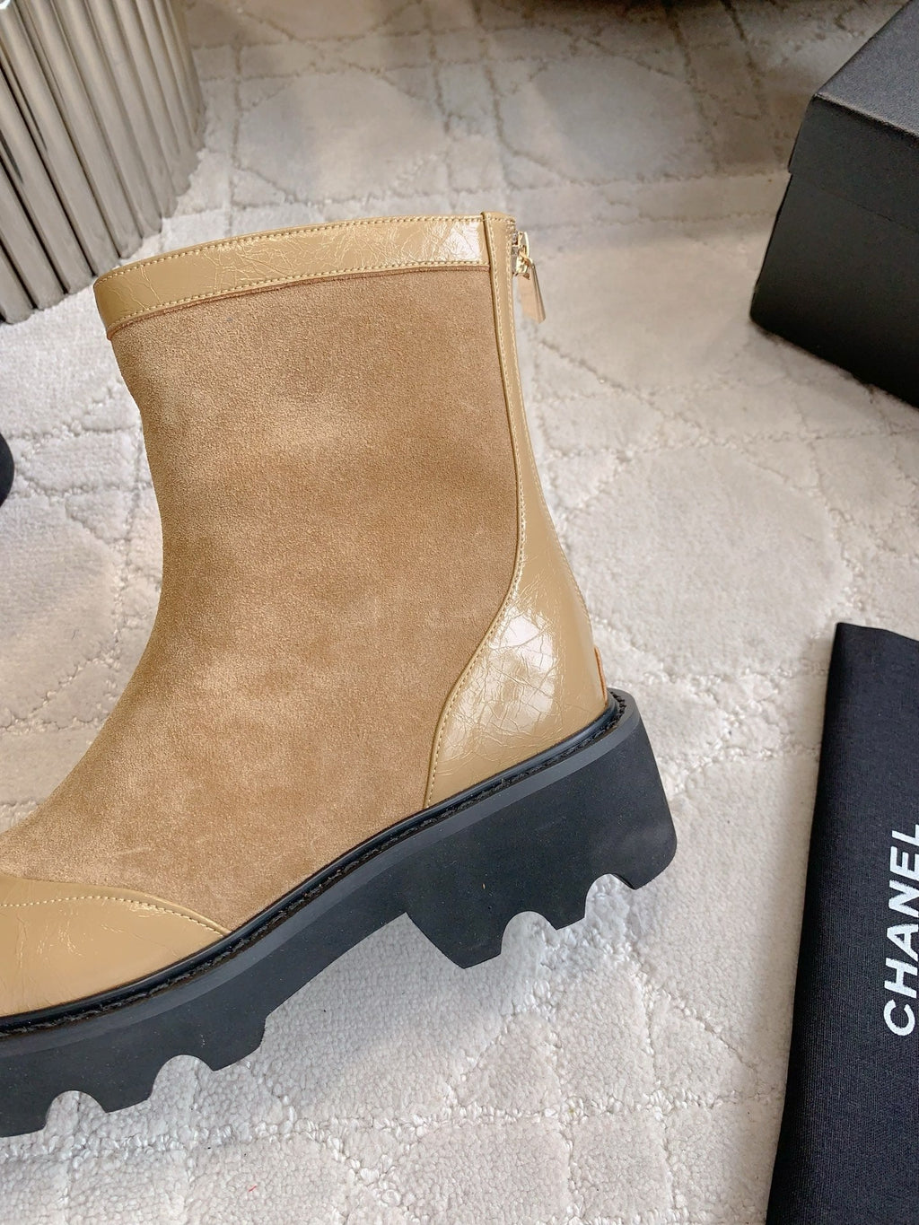 CC New Platform Ankle Boots Light Brown Suede Glossy Sheepskin