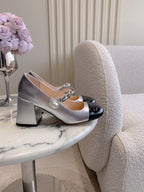 Miu Bicolor Cap-Toe Pumps 7.5cm Black Sliver Patent Leather 724258
