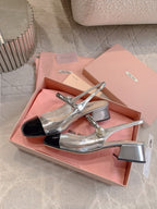 Miu Bicolor Cap-Toe Slingback 4cm Black Sliver Patent Leather 724259