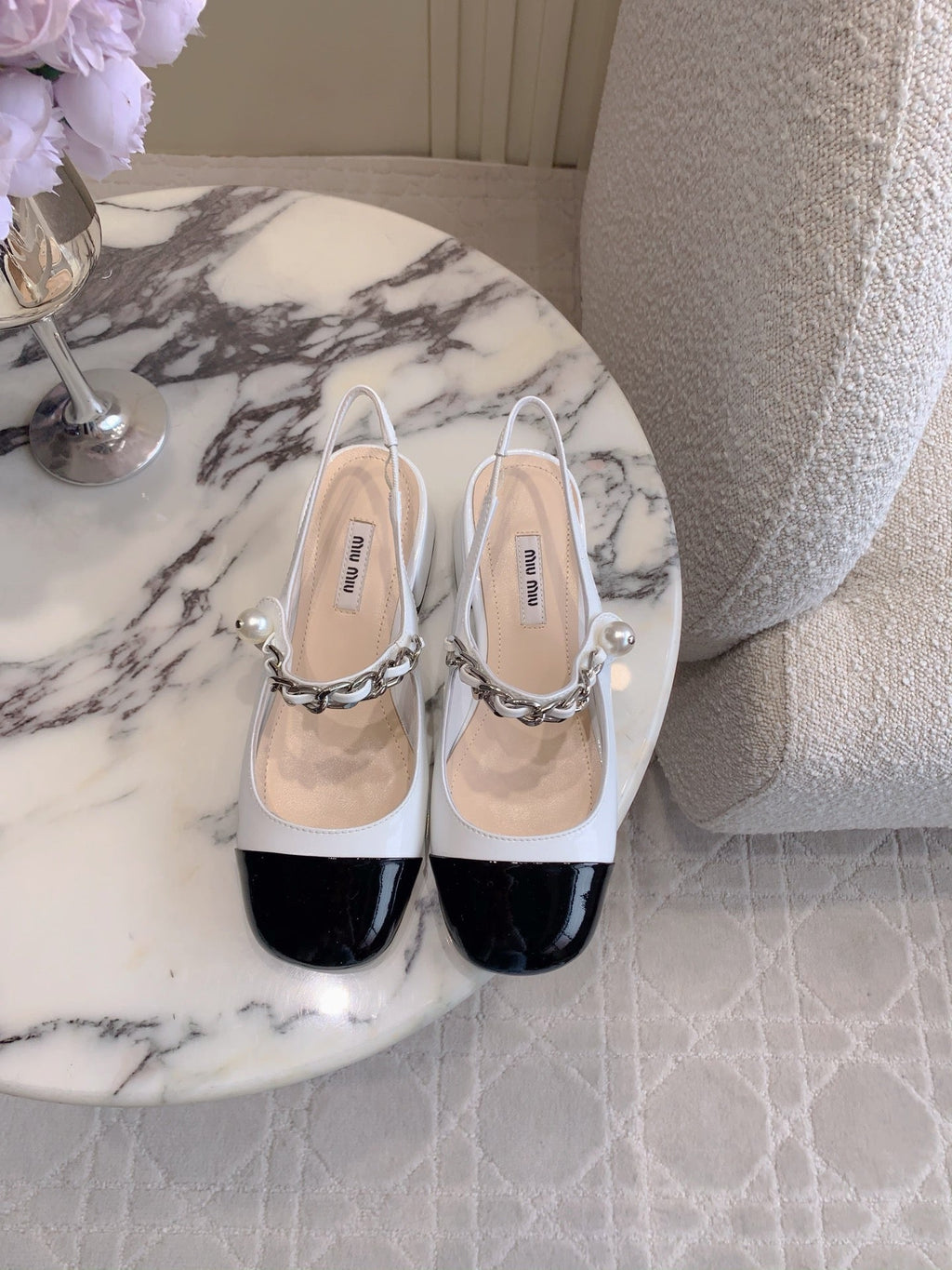 Miu Bicolor Cap-Toe Slingback 4cm Black White Patent Leather