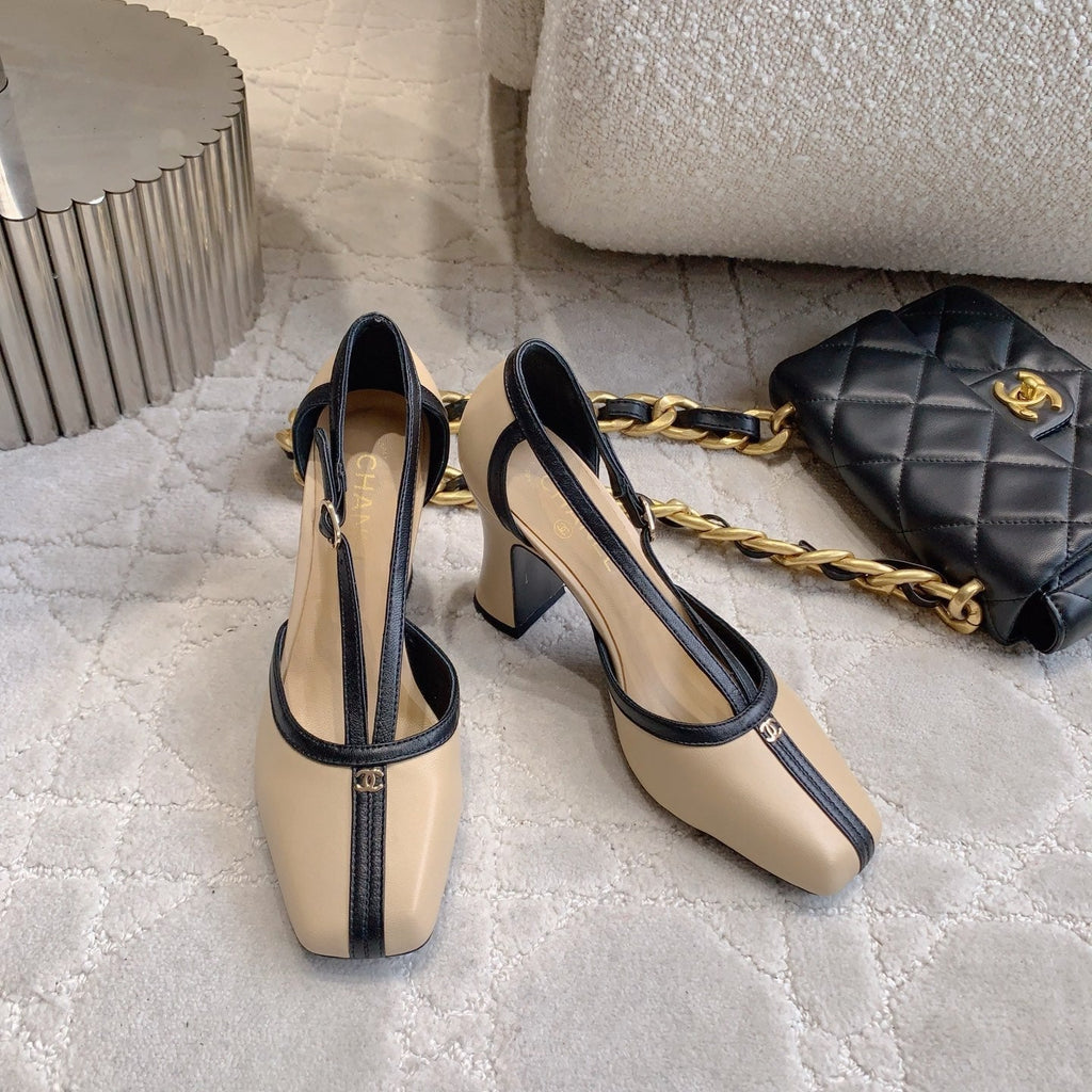 CC FW26 Square Cap Toe Slingback 8.5cm Black Beige Patent Leather 723689