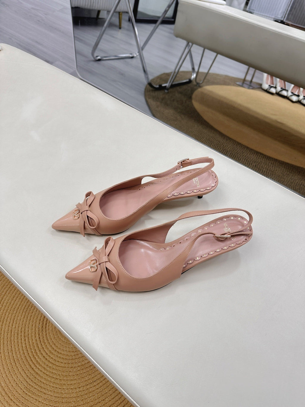 Bepointy Slingback Pumps Bow In Rose Cannelle Cowhide And Patent Leather Pale Pink Sheepskin Linning 304256