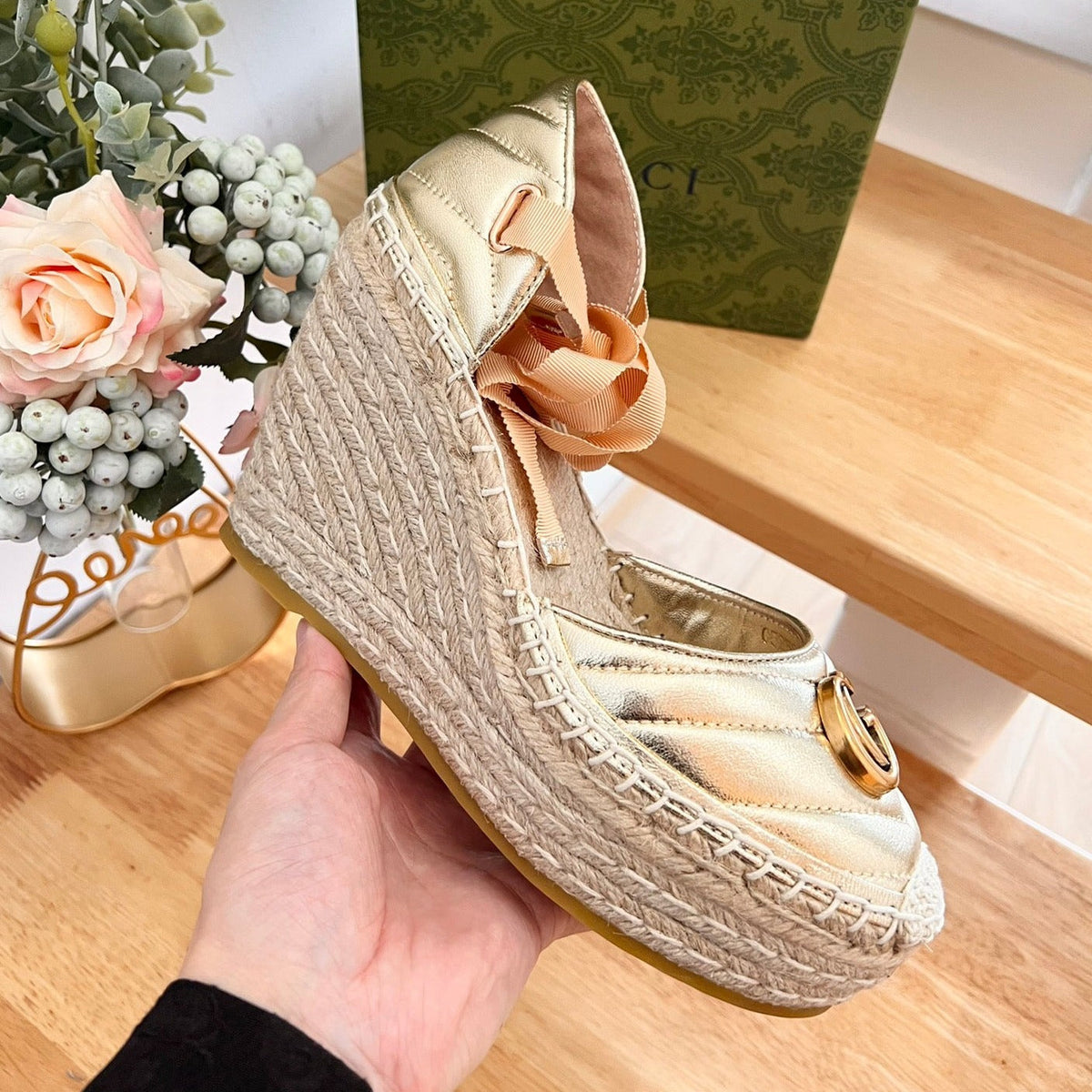 GG  Crochet platform Espadrilles Rose Tan Leather