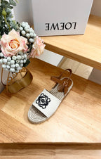Loew Anagram Black logo White Brown Beige Leather And Canvas Espadrille Sandals