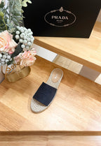 PRA CROCHET SLIPPERS NAVY LINEN FABRIC