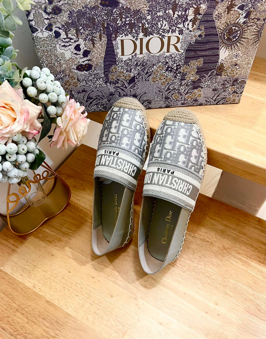 CD Granville Espadrille Grey Beige Oblique Jacquard Fabric And Calfskin