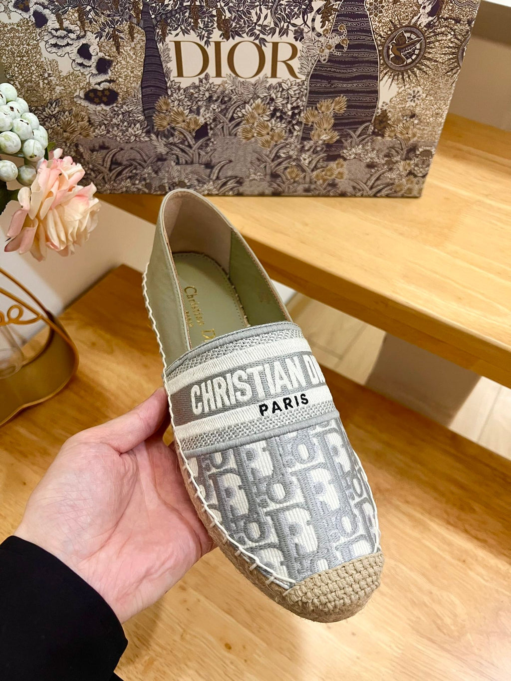 CD Granville Espadrille Grey Beige Oblique Jacquard Fabric And Calfskin