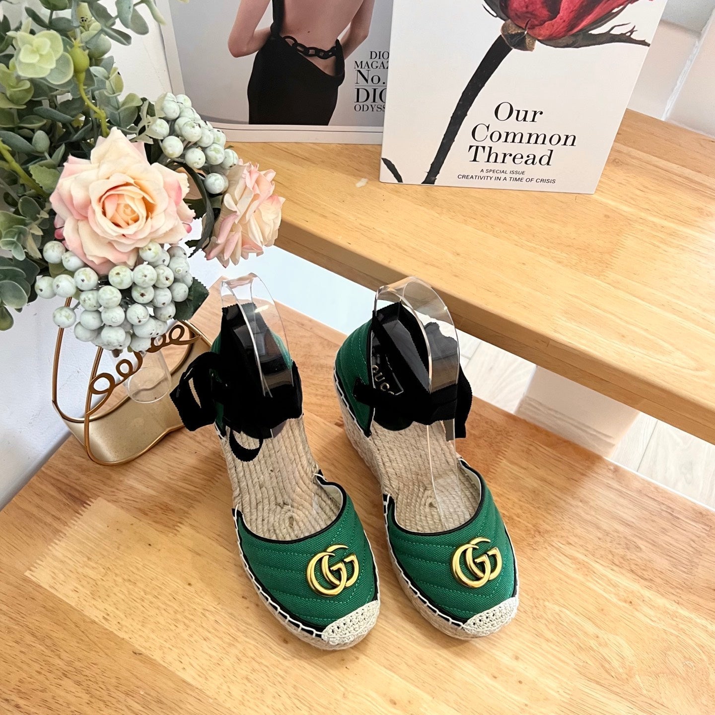 GG 26ss Platform Wedge Sandals 10cm Green Straw Canvas 692207