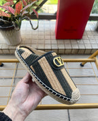 VLogo Signature Striped Espadrille Mules Beige Black Raffia 692191