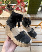 GG 26ss Platform Wedge Sandals 10cm Black Straw Canvas 692209