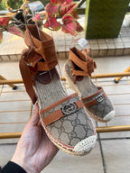 GG 26ss Platform Wedge Sandals 10cm Coffee Brown Straw Canvas 692210