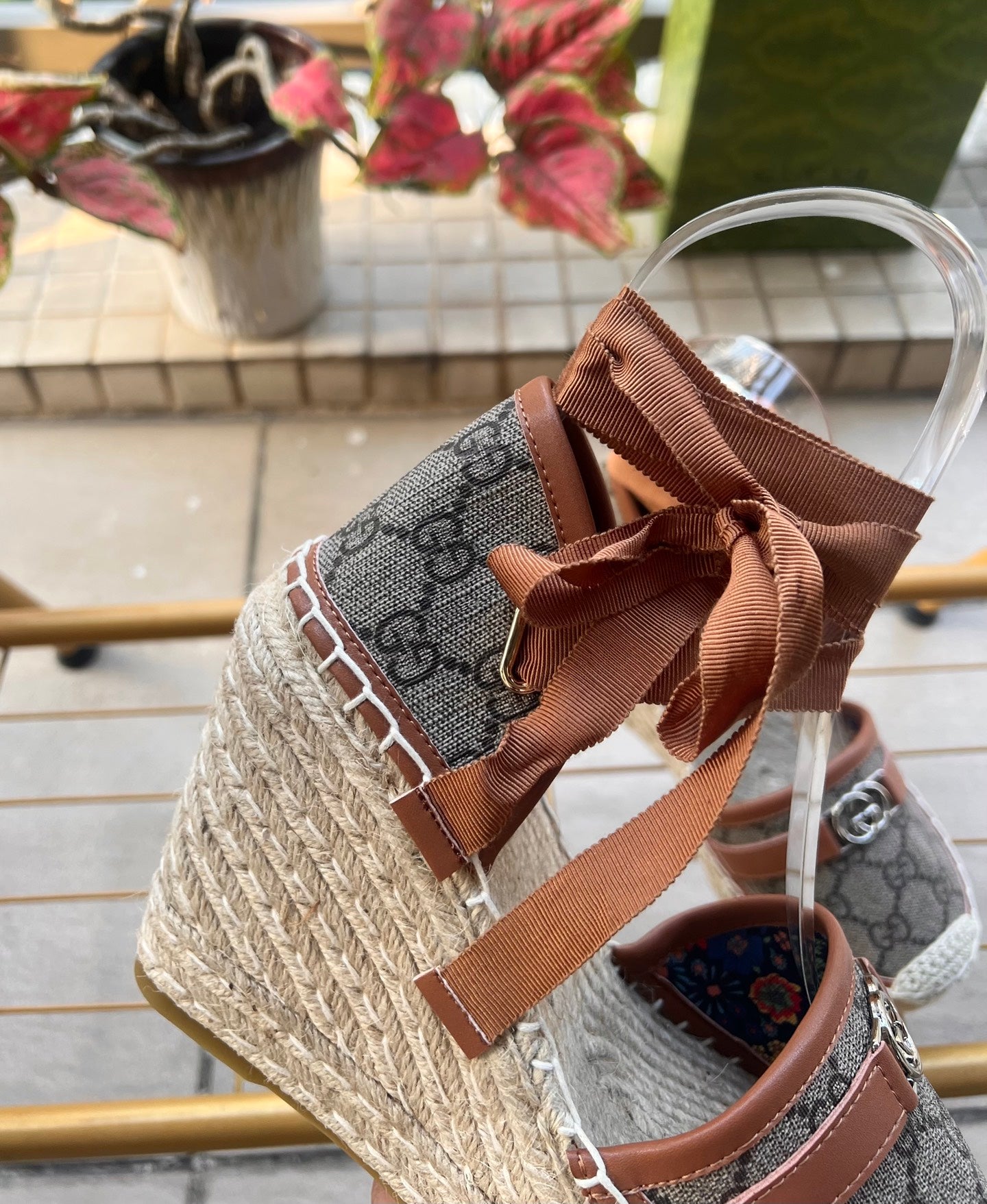 GG 26ss Platform Wedge Sandals 10cm Coffee Brown Straw Canvas 692210