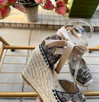 GG 26ss Platform Wedge Sandals 10cm Coffee Straw Canvas 692211