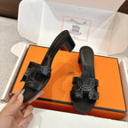 HM Oasis Sandals Black Embroidery Pattern Cowhide 544096