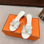 HM Oasis Sandals White Embroidery Pattern Cowhide 544097