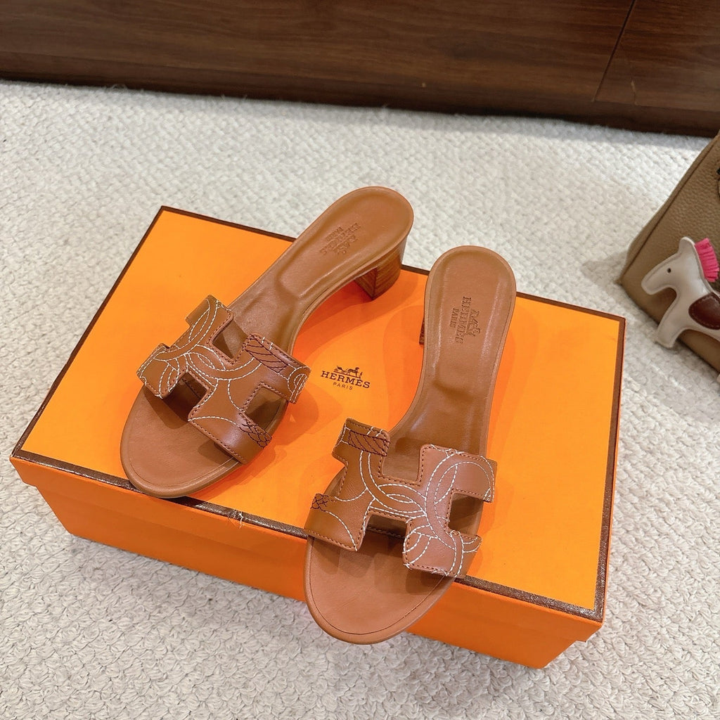 HM Oasis Sandals Brown Embroidery Pattern Cowhide 294845