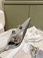 CAGOLE POINTED HIGH MULES IN SILVER SHINY CALFSKIN