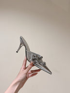 CAGOLE POINTED HIGH MULES IN SILVER SHINY CALFSKIN