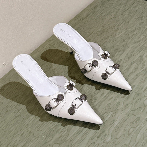 CAGOLE POINTED HIGH MULES IN WHITE SHINY CALFSKIN