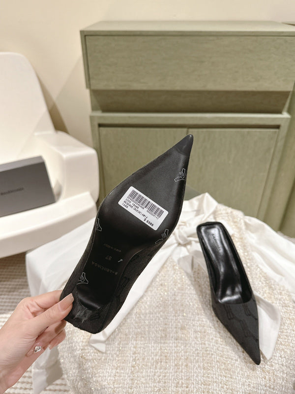 POINTED HIGH MULES IN BLACK MONOGRAM JACQUARD FABRIC