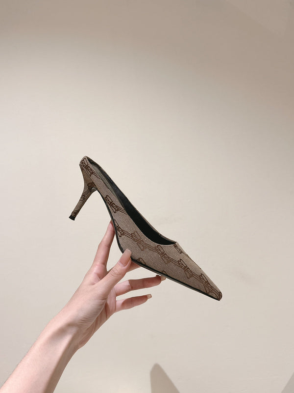 POINTED HIGH MULES IN BEIGE MONOGRAM JACQUARD FABRIC