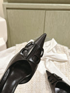 POINTED BB BLACK BUCKLE KITTEN HEEL PUMPS IN BLACK SMOOTH LAMBSKIN