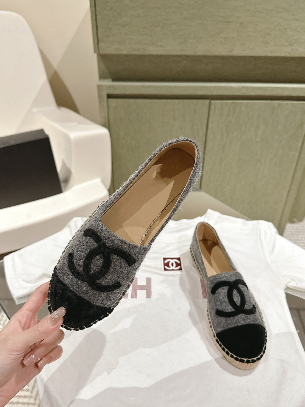 espadrilles dark grey cotton tweed black suede
