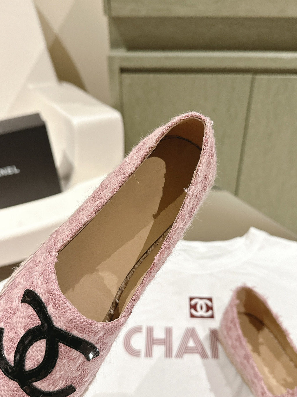 espadrilles pink tweed black patent calfskin