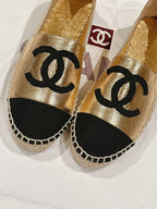 espadrilles gold metalic calfskin black canvas