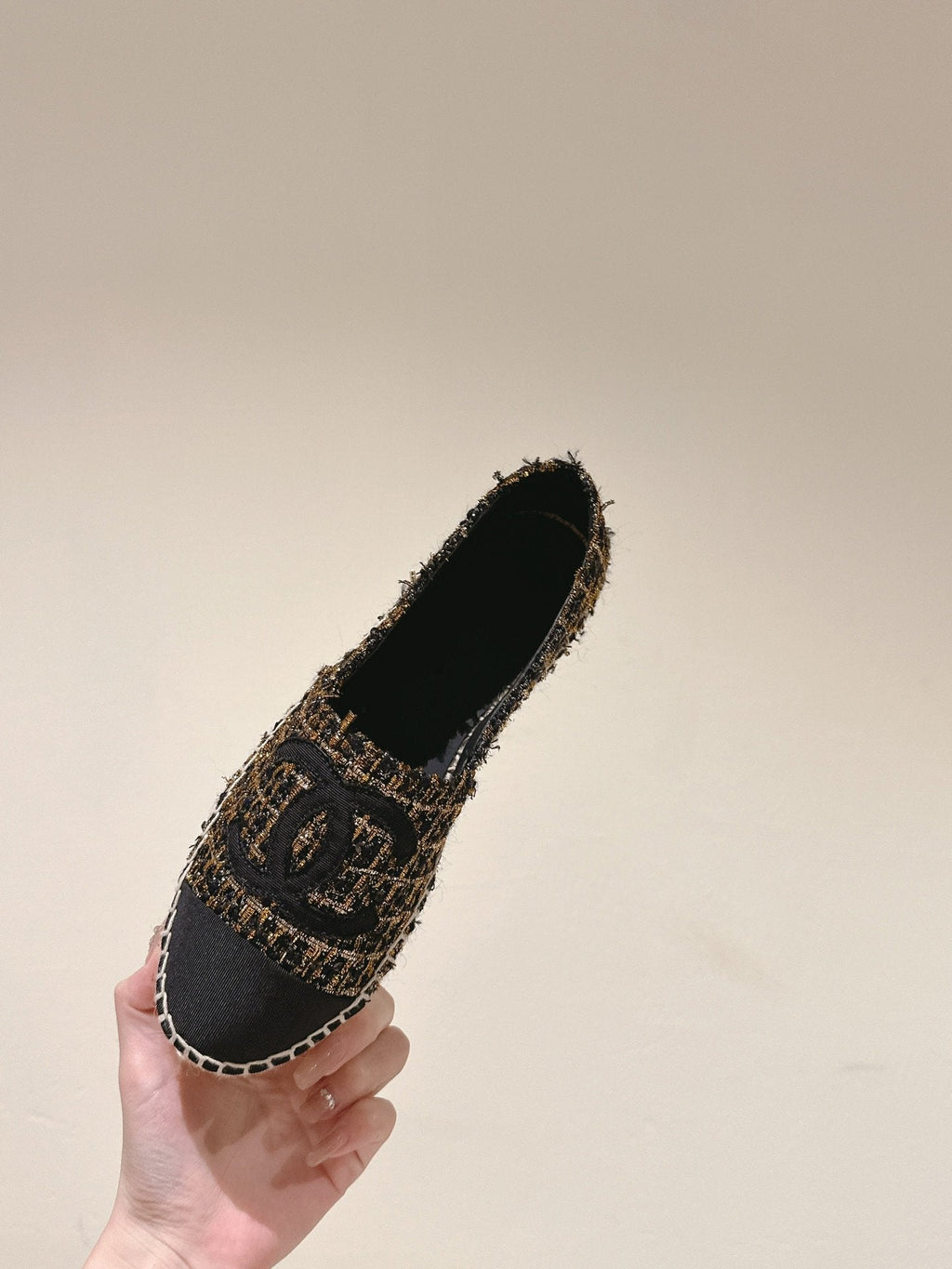 espadrilees black gold tweed canvas