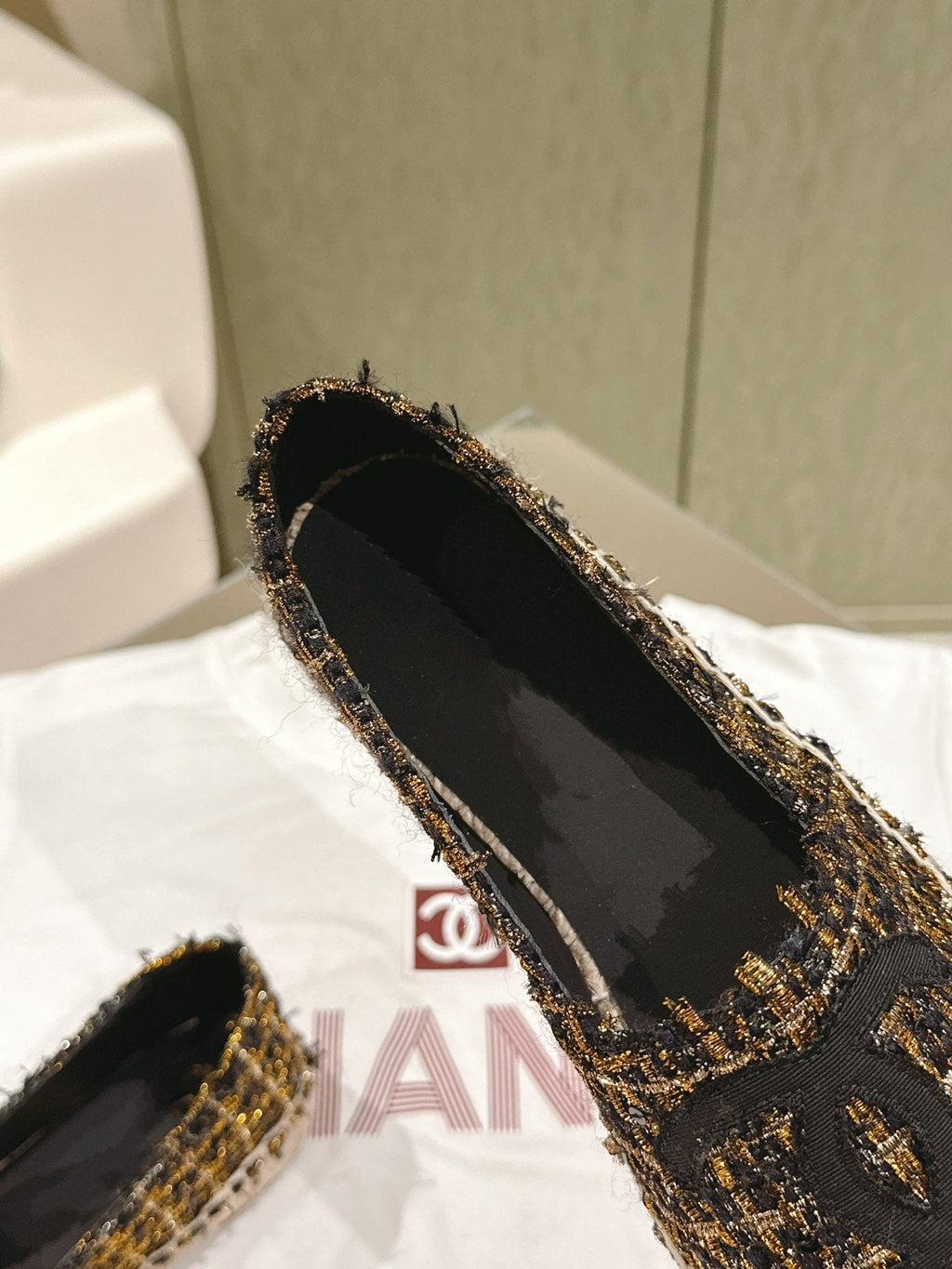 espadrilees black gold tweed canvas