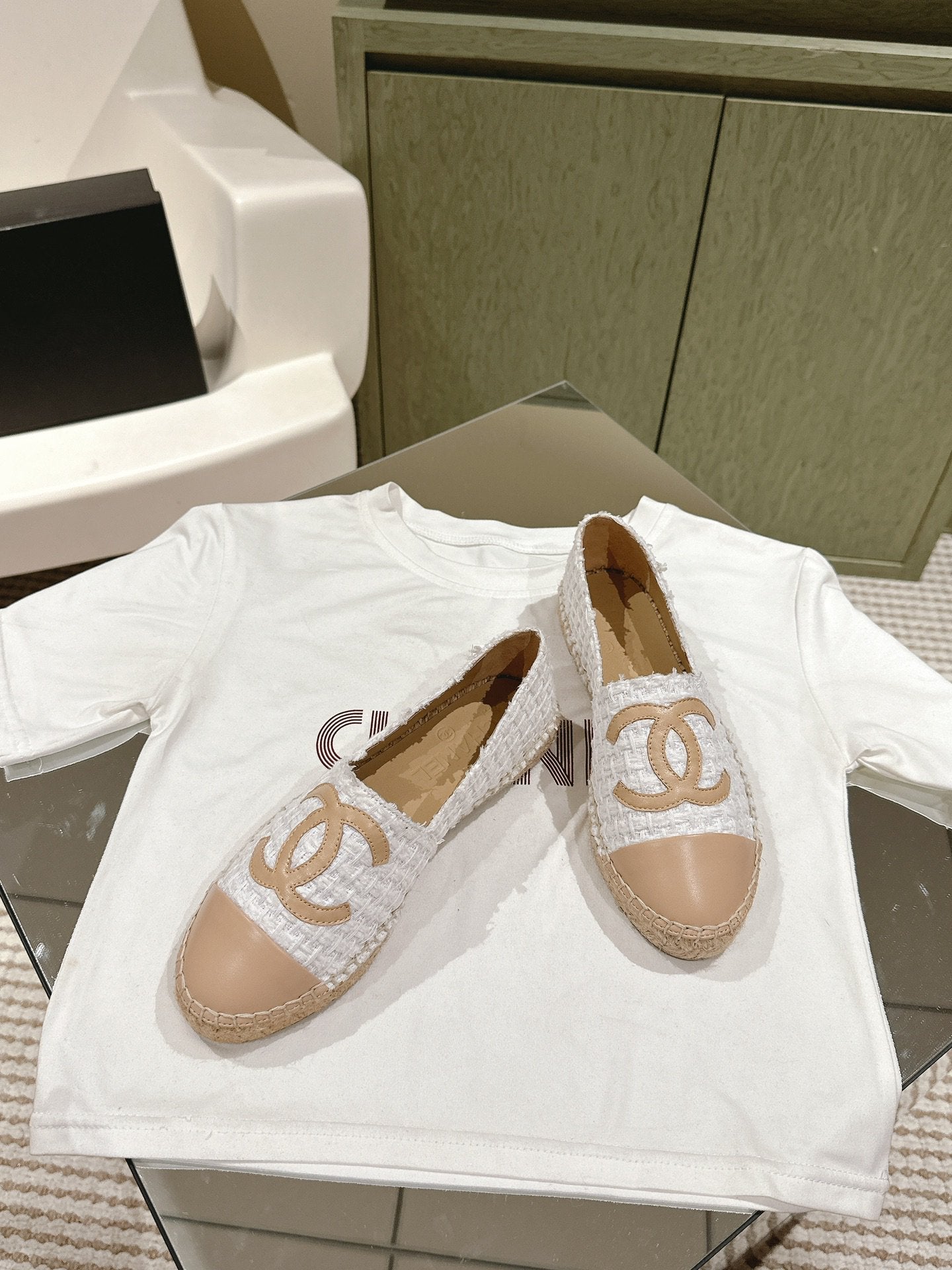 espadrilles grey tweed beige calfskin