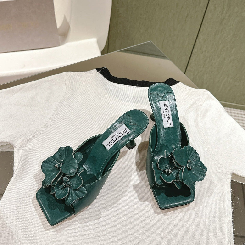 Jimmy Choo Amita Flowers Sandal 4.5cm Teal Green Sheepskin 659640