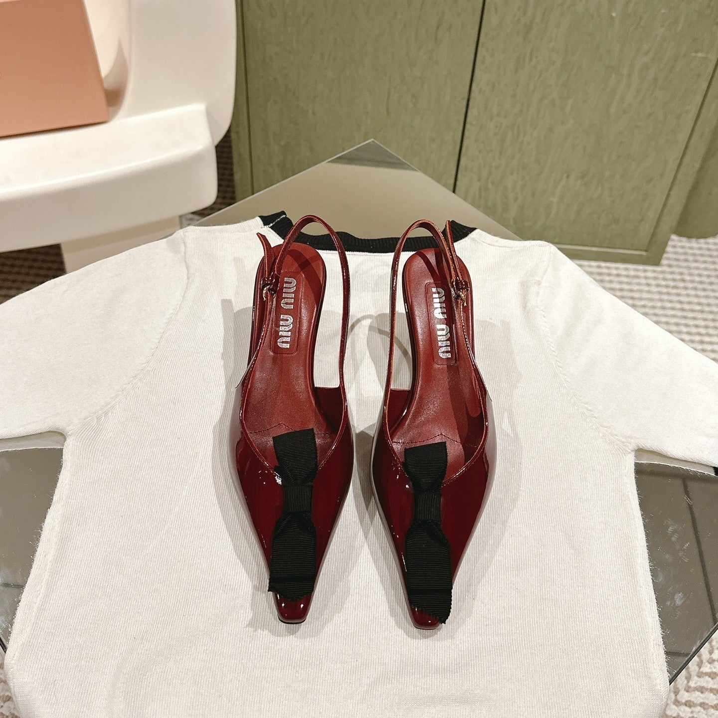 Miu x Balanc Small Bow Buckle SlingBack 45mm Burgundy Patent Leather 445863