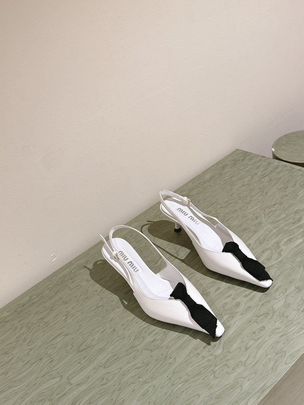 Miu x Balanc Small Bow Buckle SlingBack 45mm White Patent Leather 445864