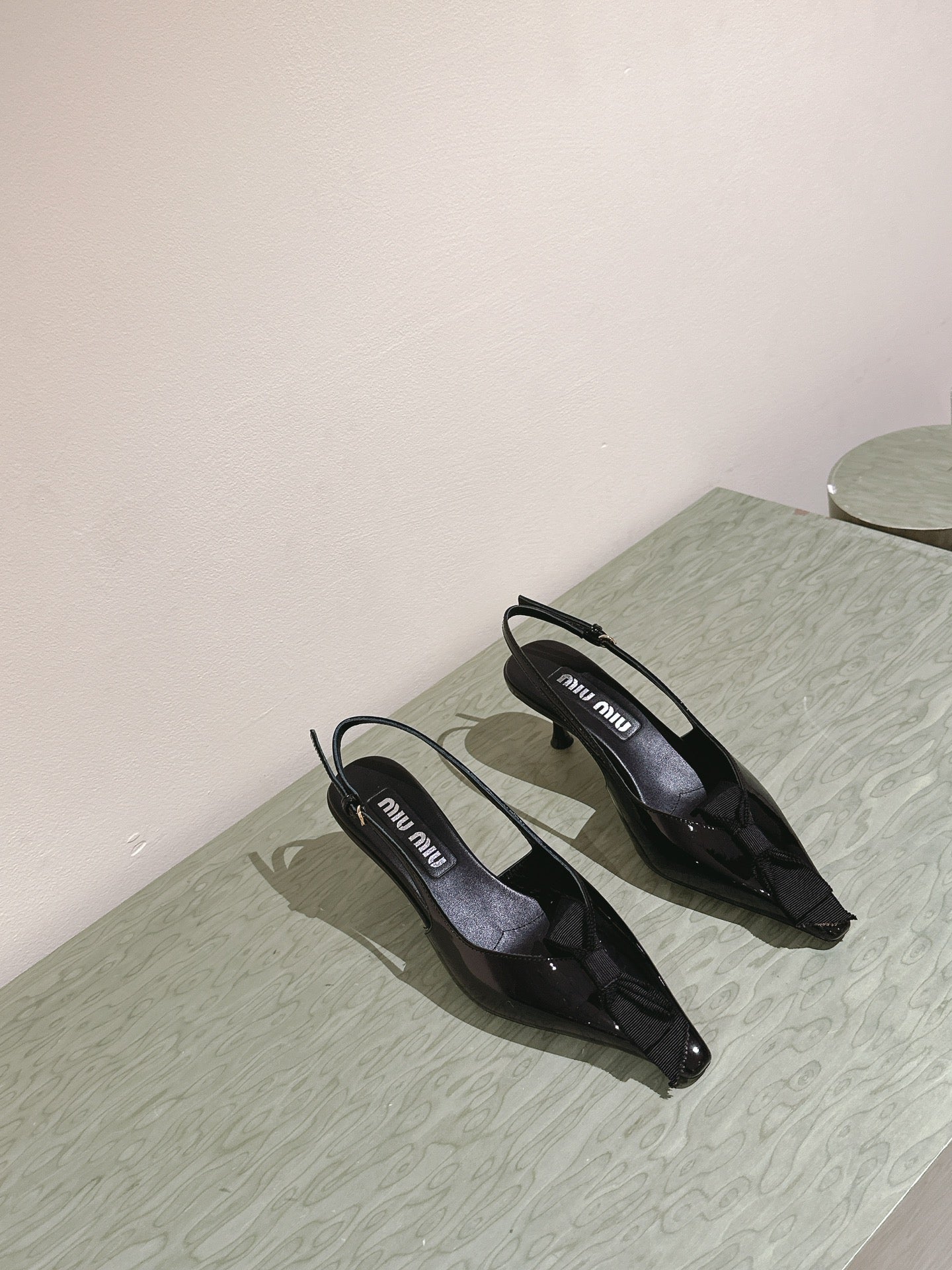 Miu x Balanc Small Bow Buckle SlingBack 45mm Black Patent Leather 445867