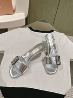 Miu x Balanc Studded Buckle Elegant Mules 45mm Sliver Patent Leather 445868