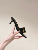 Miu x Balanc Studded Buckle Elegant Mules 45mm Black Patent Leather 445870