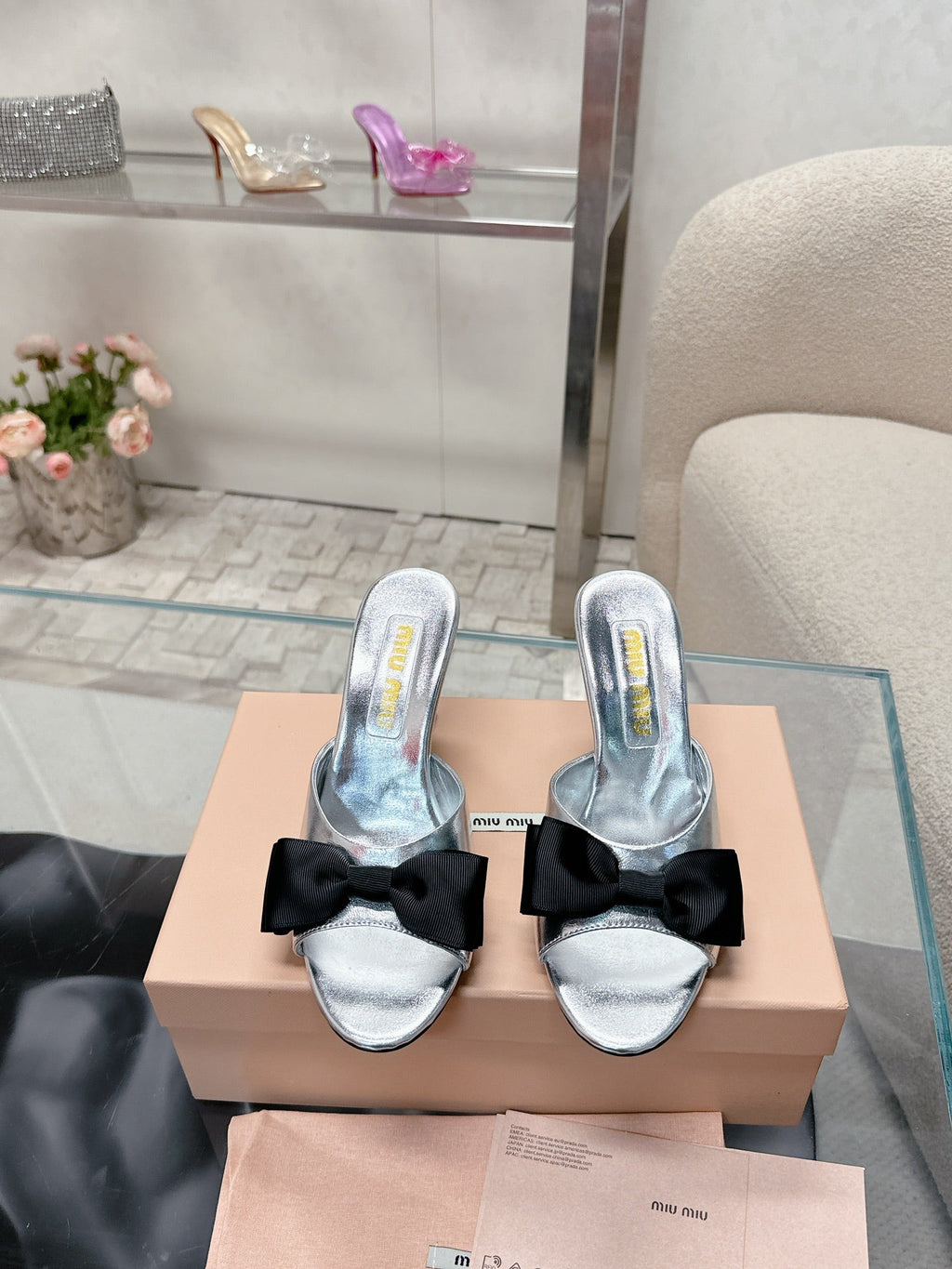 Miu Mordoré Black Bows Mules 70mm Sliver Cowhide 445513