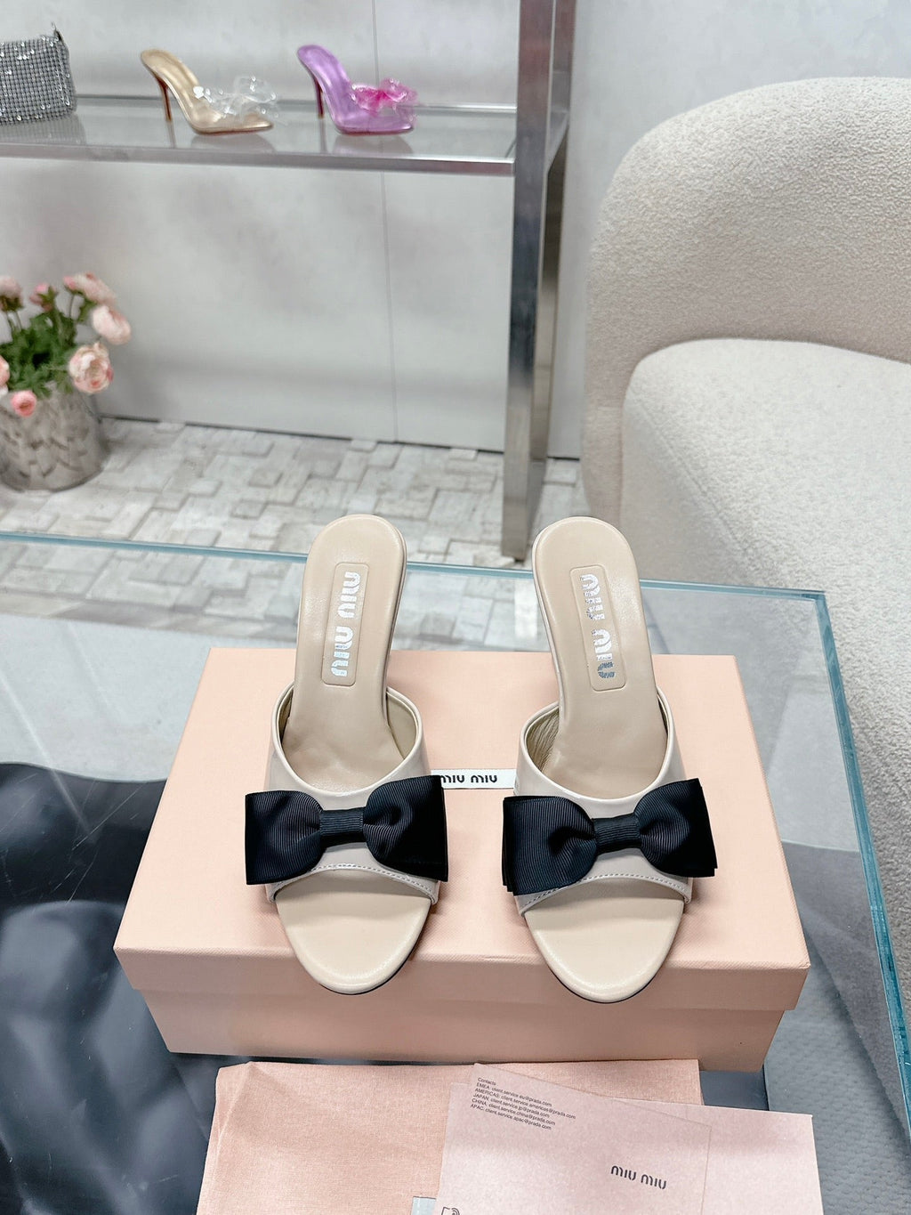 Miu Mordoré Black Bows Mules 70mm Beige Cowhide 445515