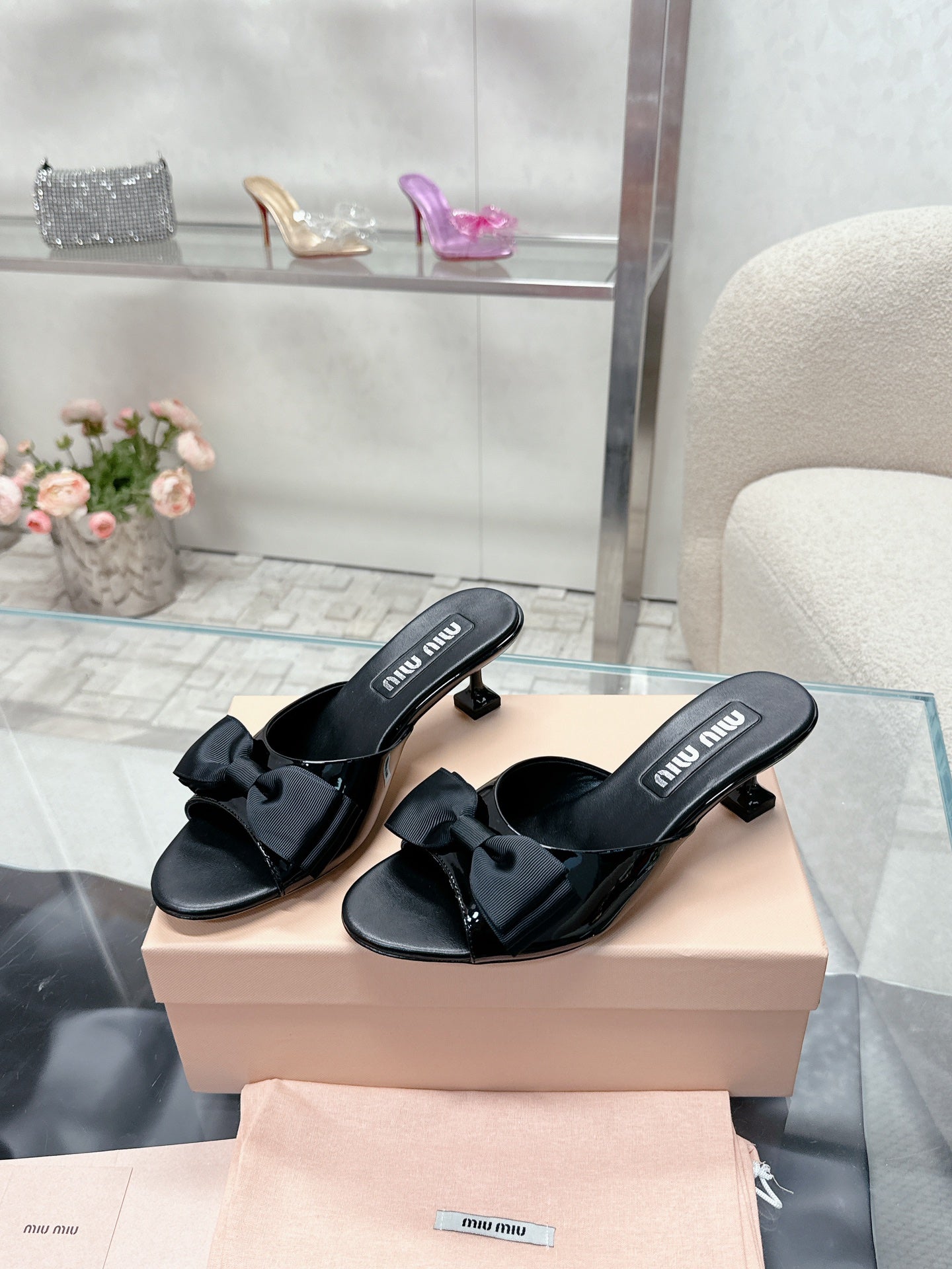 Miu Mordoré Black Bows Mules 50mm Black Cowhide 445521