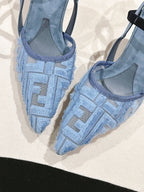 FENDI COLIBRÌ HIGH-HEELED SLINGBACKS 75MM IN SKY BLUE FABRIC
