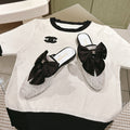 CC JEWELED MULE WITH SILK BLACK BOW IN WHITE LAMBSKIN