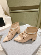 CC 24A Pearl Bow Ankle Boots 65mm Beige Sheepskin 447469