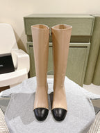 CC 24 FW Knee-High Boots with Chain 70mm Beige Black Cowhide 447185