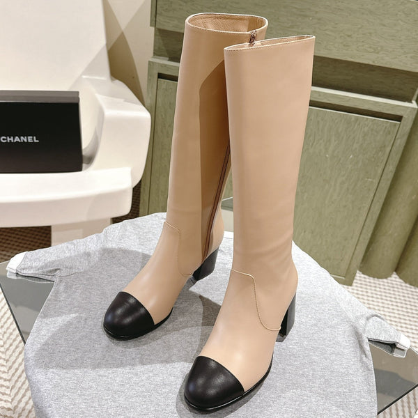 CC 24 FW Knee-High Boots 70mm Beige Black Cowhide 447188