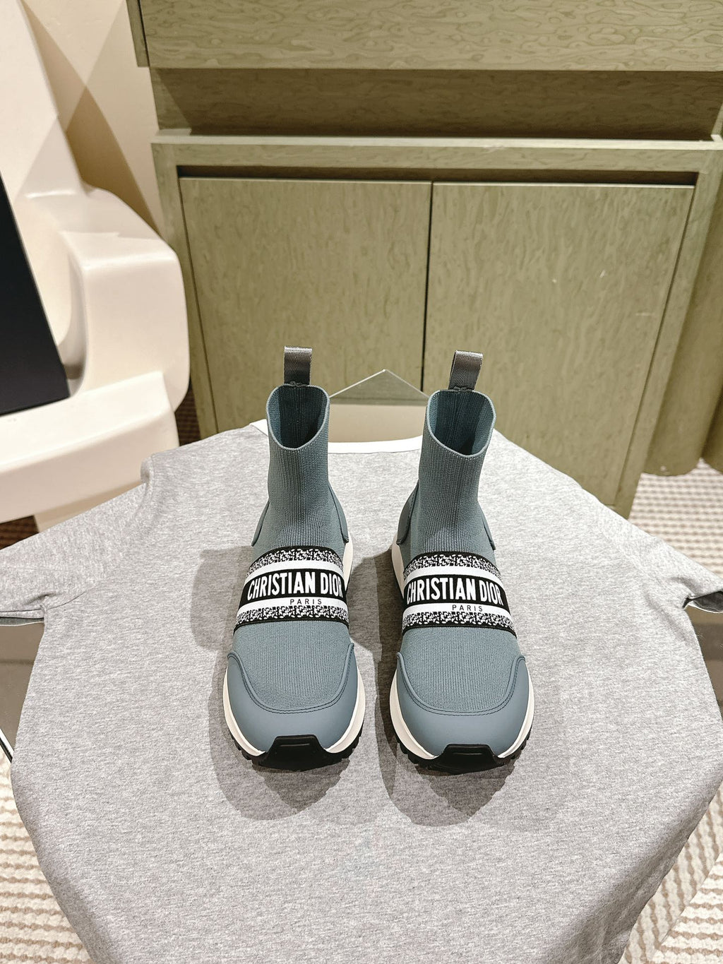 CD High-Top Sneaker 40mm Blue Grey Stretch Wool And Lambskin
