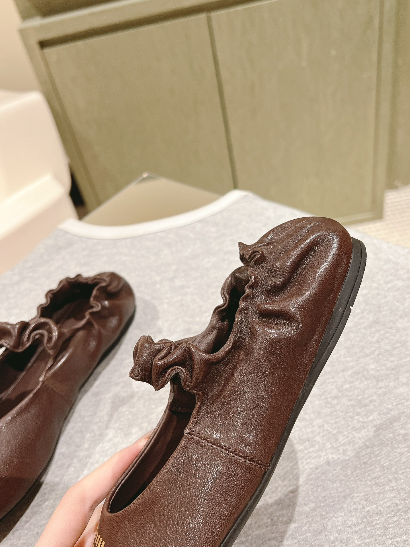 Miu Ruches Ballet Flat Brown Lambskin 445667