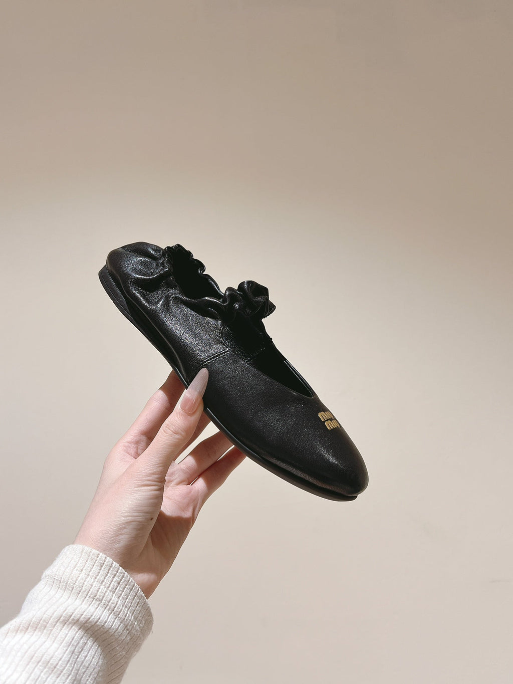 Miu Ruches Ballet Flat Black Lambskin 445668