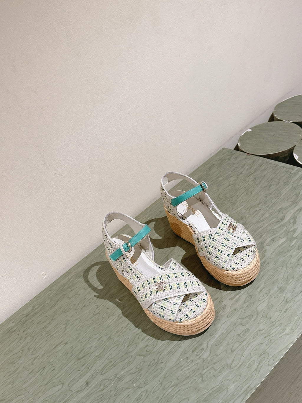 CC 25ss Espadrille Sandals 85mm Greenish-Blue Colorful Tweed Cowhide 462245